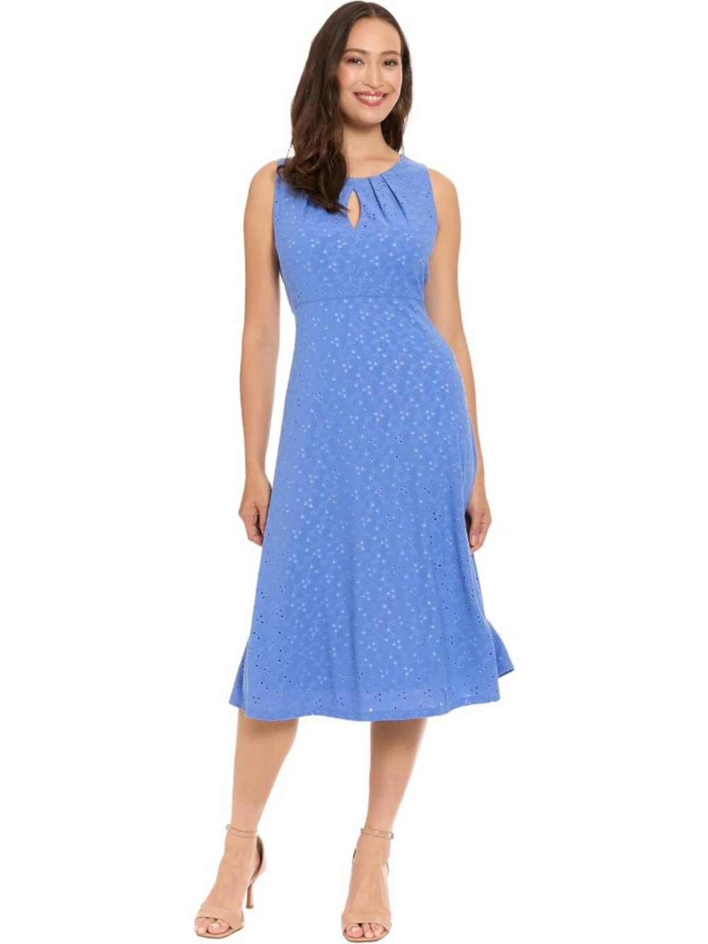 Elegant Eyelet Sleeveless A-line Midi Dress with Keyhole Neck for Weddings